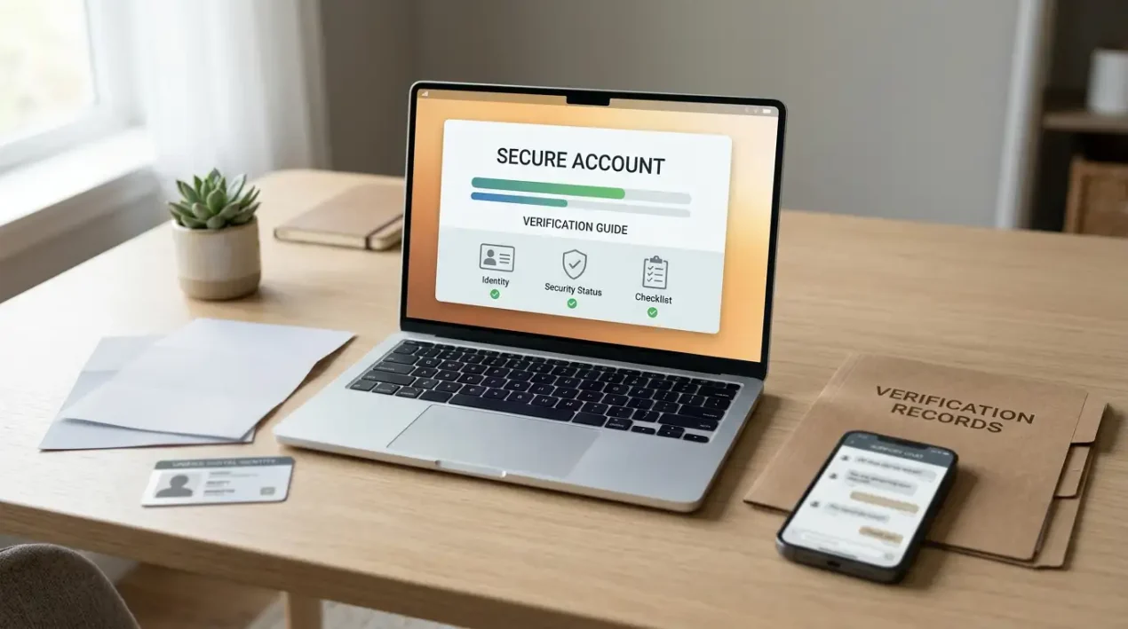 Identity documents, a secure account screen and a customer support chat interface on a desk