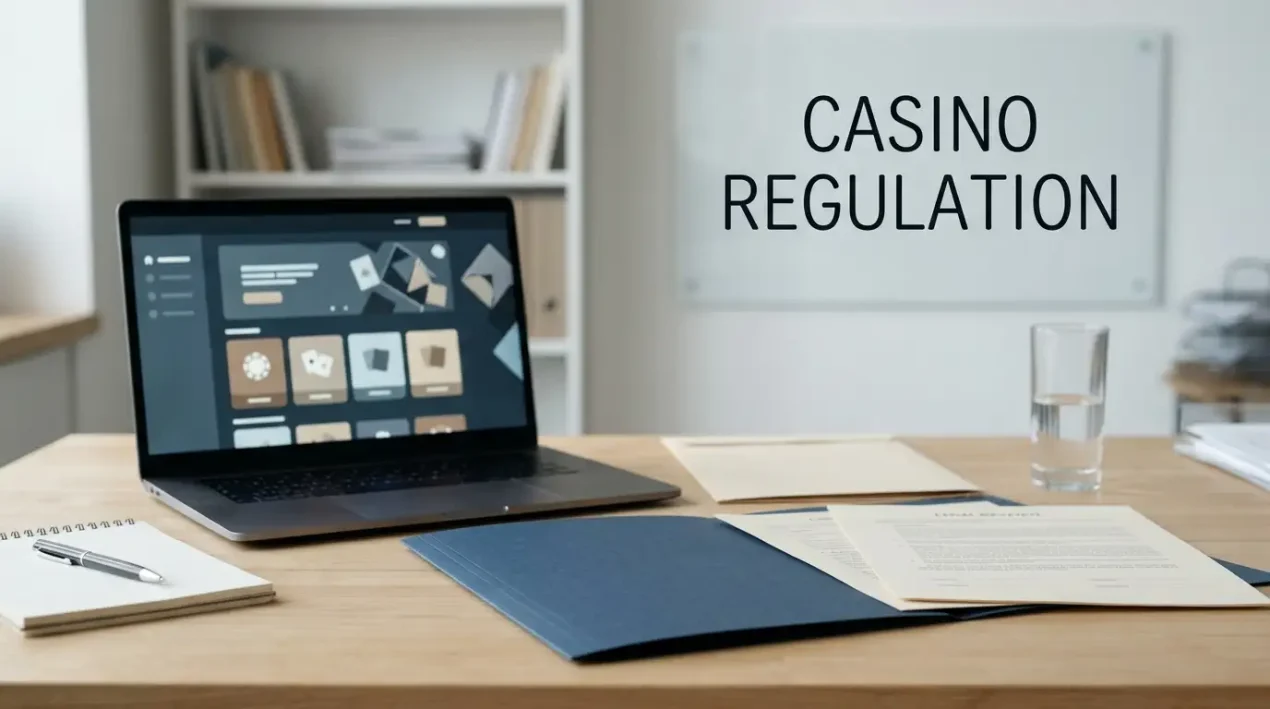 Neutral legal documents beside a laptop with abstract casino tiles