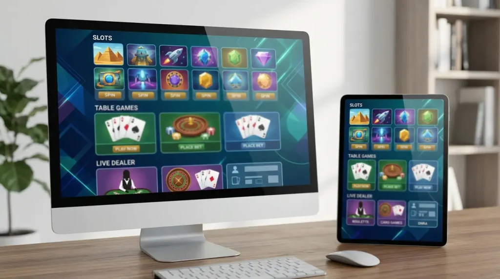 Abstract casino game tiles and a live dealer table layout on digital screens