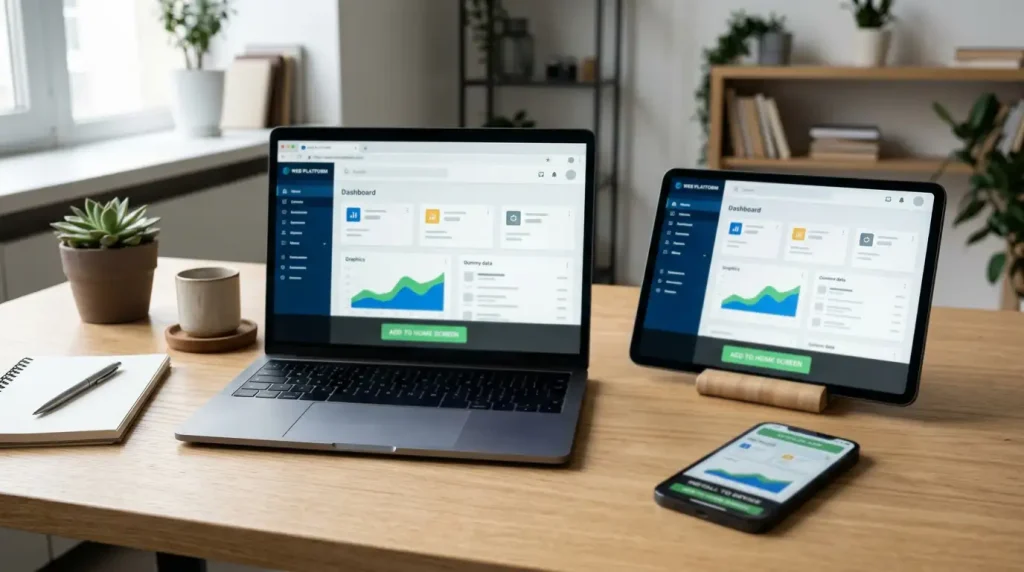 Laptop, tablet and smartphone showing a generic web app interface