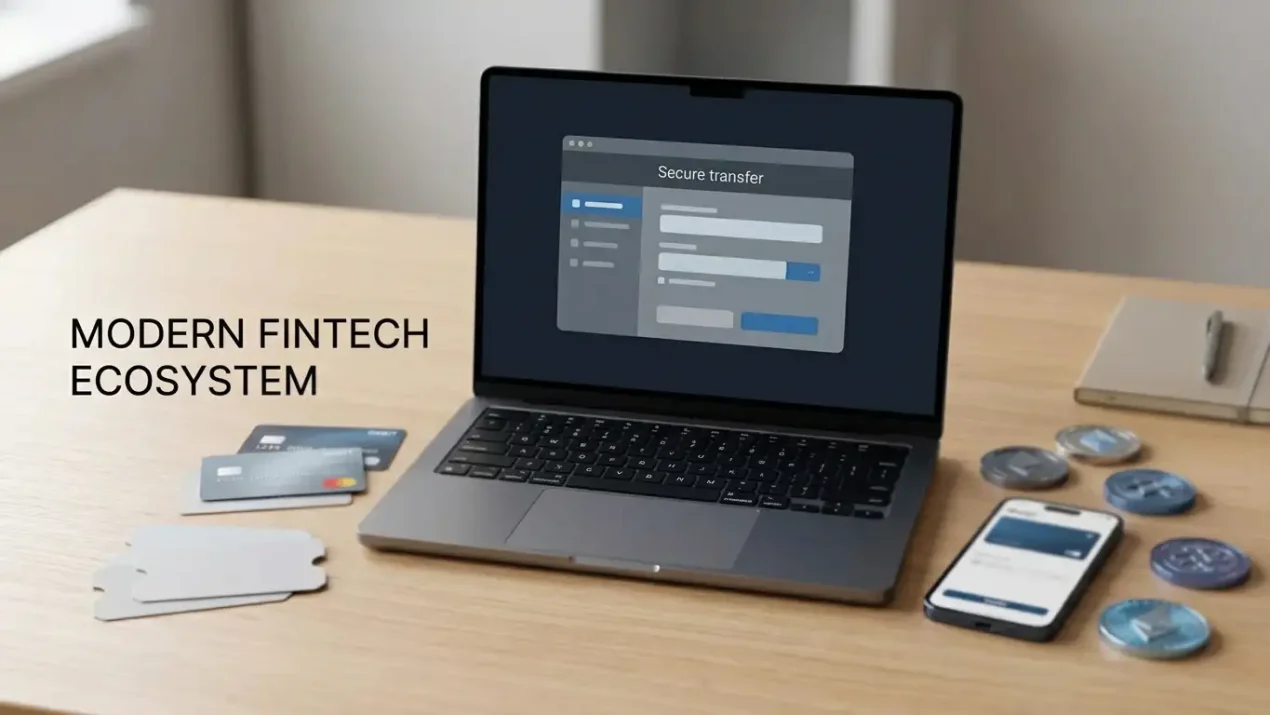 Payment cards, vouchers and abstract crypto tokens arranged around a secure transfer screen